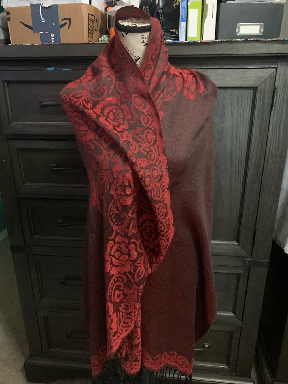 Elegant Red Floral Jacquard Shawl Wrap - Unbranded
